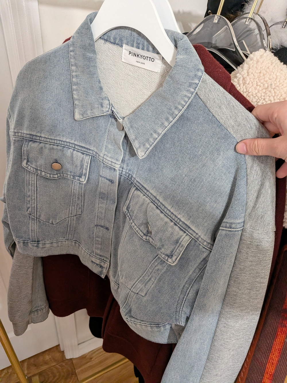 Pinkyotto Light Blue Cropped Denim Jacket with Heather Gray Sleeves